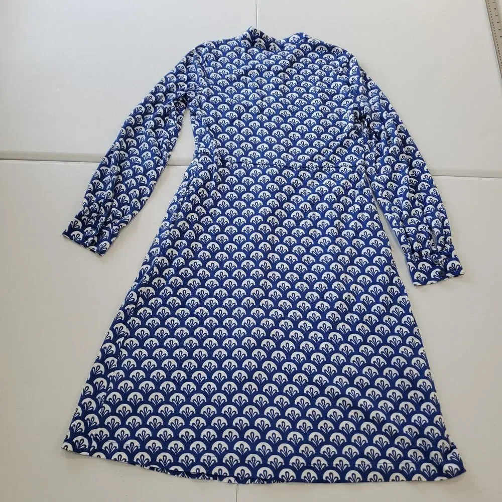 Boden Dress Womens 4 Blue White Button Front Long Sleeve A-Line Scallop Print - Picture 2 of 12